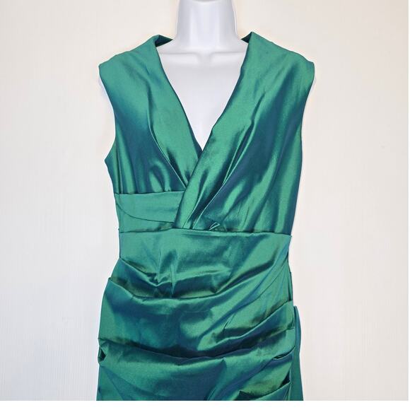Talbot Runhoff Long Gown Sleeveless Faux Wrap Top Ruched Front Green Shimmer 12 - Picture 3 of 12